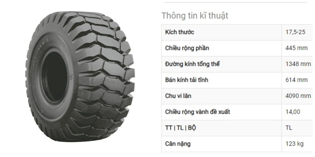 Bảng thông số kĩ thuật Lốp 17.5-25 Cơ Bản